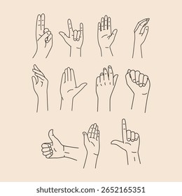 Hand Gesture Line Art Vektor Set - Minimalistischer Umriss Stil Menschenhände