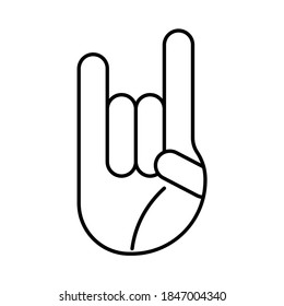 Hand gesture line icon. Metal or rocker music sign with index and pinky finger vector illustration facing forward.