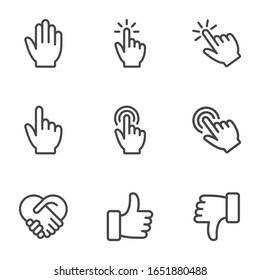 Hand gesture line icon set. Isolated vector illustration of human hands.