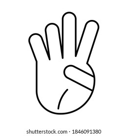 Conjunto de iconos de la línea de gestos de mano. Número cuatro en los dedos. Ilustración vectorial.