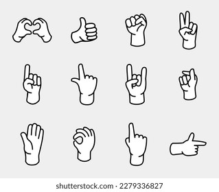 Hand Gesture Line Icon Set in Gray Background: Fingers Interaction, Forefinger Point, Love Gesture, Thumb Up, OK Gesture and More