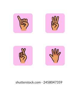 Symbolsatz für Handgesten-Linie. Fünf, drei, gekreuzte Finger, die Faust mit dem kleinen Finger. Gesten-Konzept. Kann für Themen wie Kommunikation, taube Sprache verwendet werden. Vektorillustration für App