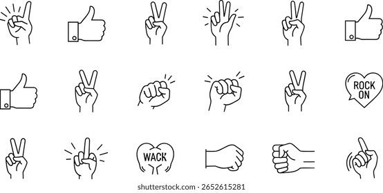 Ícone de linha de gesto da mão definido. Pictogramas vetoriais de polegares para cima, sinal de paz, cinco altos, pancada no punho, pedra sobre, forma de coração fina ilustração linear para comunicação, expressões,