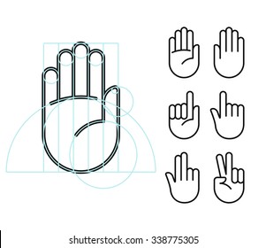 Hand gesture line icon set in modern geometric style with construction lines. Isolated vector illustration of human hands.