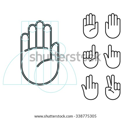 Hand gesture line icon set in modern geometric style with construction lines. Isolated vector illustration of human hands.