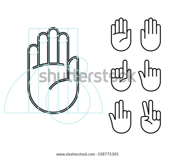 下書き線と現代の幾何学的なスタイルの手のジェスチャ線のアイコンセット 人間の手のベクターイラスト のベクター画像素材 ロイヤリティフリー