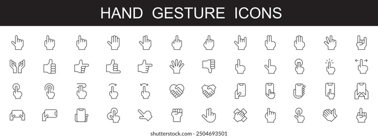 Iconos de la línea del gesto de la mano fijados. Ilustración vectorial. en el fondo blanco. movimiento editable. apuntando, palma, tacto, onda, pulgar para arriba, victoria, puño, espera, parada, dedos, brazo, saludo, señal, bien,