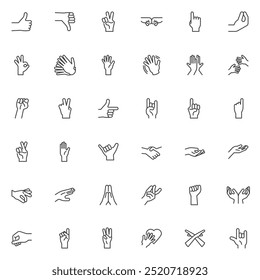 Conjunto de ícones de linha de gestos da mão. coleção de símbolos de estilo linear, pacote de sinais de contorno. Gráficos de vetor com mãos gestantes. Set inclui ícones como Thumbs Up, Peace Sign, Fist Bump, Handshake, Finger Crossed