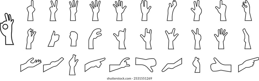 Hand Gesture line icons Set. Hand drawn Emoji. Perfect vectors for communication, body language designs element. Okay, Thumb up, palm, peace, Raise hand Waving sign isolated on transparent background.