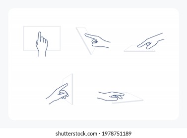 Hand gesture line icons: touching screen, pointing finger, tapping hand sign. editable stroke vector illustration