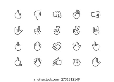 Conjunto de iconos lineales de gesto de mano. Señalar, refrescar, aprobar, hola, metal pesado, pulgares hacia arriba, puño, símbolos de punto de dirección. Trazo editable de línea delgada. Píxel perfecto.