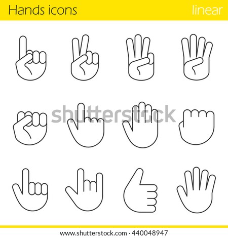Hand gesture linear icons set. Point out, cool, approve, hello, heavy metal, thumbs up, fist, direction point symbols. One, two, three, four, five fingers. Thin line. Isolated vector illustrations
