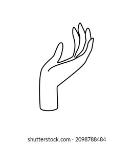 Hand gesture linear vector illustration. Thin female palm as a symbol of blessing, grace, mercy, farewell, prayer and gratitude