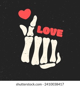 Hand gesture of love. Hand bones, red heart. Happy Valentine's Day greeting card.