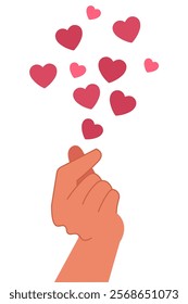 A hand gesture of love with floating hearts in red colors, designed in a cute vector style for Valentine's Day, featuring a love, affection, and romance concept, isolated icon on a white background