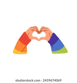 Hand gesture of love. Person shows shape of heart from fingers. Symbol of LGBT solidarity. Romantic feelings sign with rainbow patterned clothes. Flat isolated vector illustration on white background