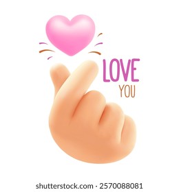 Hand gesture love with pink heart, Korean finger heart sign. Valentine's day greeting card, poster, banner template. 3D realistic, Isolated on white background. Vector illustration