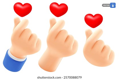 Hand gesture love with red heart. Korean finger heart sign, for web, banner, poster, print, Valentine's day, wedding, other life event. 3D realistic, Isolated on white background. Vector illustration