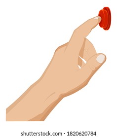 hand gesture, man presses the button with his index finger. Doorbell rings, starts or stops an important action. Cartoon vector on white background