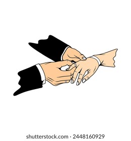 hand gesture of a man putting a ring on a woman's ring finger, putting on a ring vector illustration svg