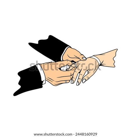 hand gesture of a man putting a ring on a woman's ring finger, putting on a ring vector illustration