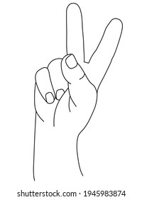 Hand gesture. The mans hand shows two fingers. Gesture number two. Vector drawing, sketch, line