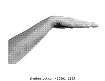 Hand gesture measurement. Lift arm to show height, size limitation. Kid showing sign with palm, finger isolated on white background. Halftone dotted retro style vector