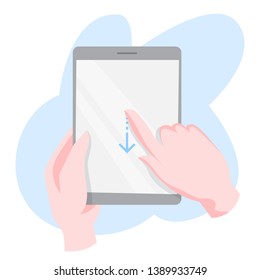 Hand gesture for mobile phone or digital tablet. Finger movement down for using electronic device. Isolated vector illustration in cartoon style