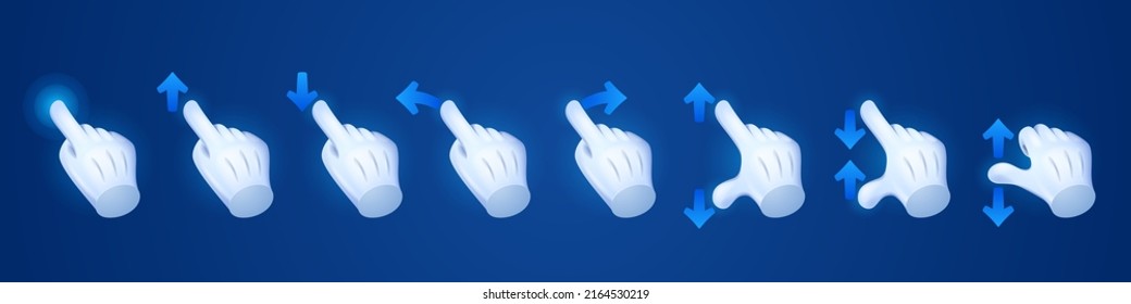 Hand gesture for mobile phone or tablet touch screens. Vector cartoon signs set of click, press, swipe, tap, hold and move by fingers on device sensor display