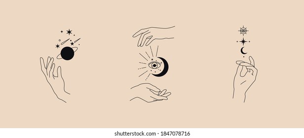 Diseño del logotipo de plantillas lineales simples para gestos de mano y luna. Tatuaje de conceptos astrológicos mágicos, pegatina de moda, artes murales, libro mágico. Ilustración vectorial dibujada a mano.