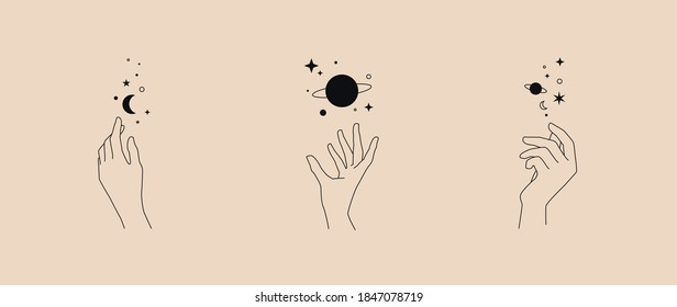 Hand gesture and moon simple linear template logo design. Magic astrological concepts tattoo, Fashion sticker, wall arts, magic book. Hand drawn vector illustration.