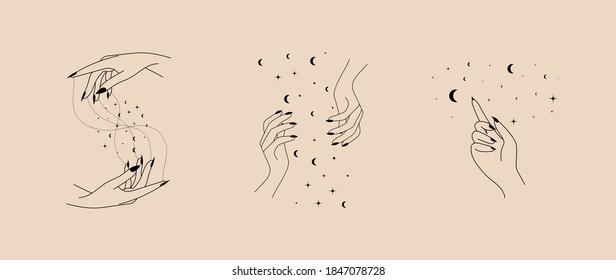 Hand gesture and moon simple linear template logo design. Magic astrological concepts tattoo, Fashion sticker, wall arts, magic book. Hand drawn vector illustration.