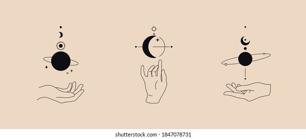 Hand gesture and moon simple linear template logo design. Magic astrological concepts tattoo, Fashion sticker, wall arts, magic book. Hand drawn vector illustration.