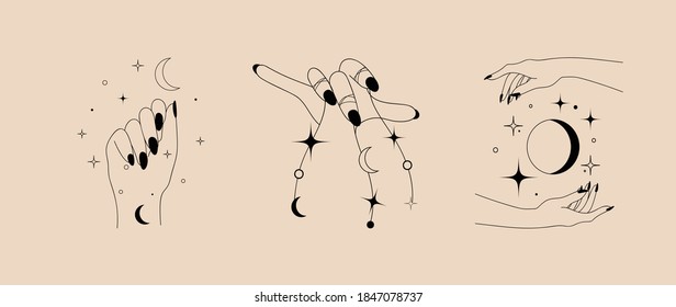 Diseño del logotipo de plantillas lineales simples para gestos de mano y luna. Tatuaje de conceptos astrológicos mágicos, pegatina de moda, artes murales, libro mágico. Ilustración vectorial dibujada a mano.