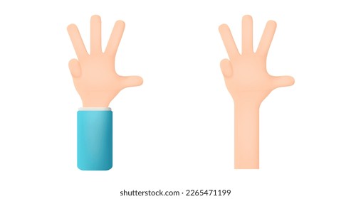 Handgesten Nummer vier. Zählen auf die Finger. Daumen, Index, Mitte, Ring-Fingern sind nicht geschlossen. Hand in 3D-Cartoon-Stil einzeln auf weißem Hintergrund. 3D-Vektorgrafik