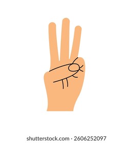 Hand gesture. Number three. Color trendy vector illustration. Index, middle, ring, little fingers and thumb
