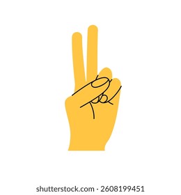Hand gesture. Number two. Color trendy vector illustration. Index, middle, ring, little fingers and thumb