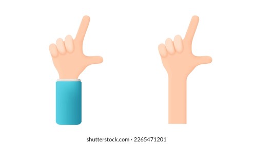 Hand gesture number Two. Counting with fingers. Thumb and forefinger are unclenched. Hand in 3D cartoon style isolated on white background. 3d vector illustration
