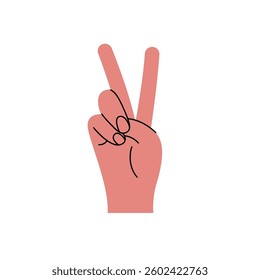 Hand gesture. Number two, luck or victory. Color trendy vector illustration. Index, middle, ring, little fingers and thumb