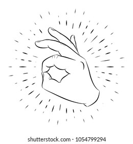 Hand gesture, OK, hand-drawn, outline, against the background of linear rays. For the design of posters, banners, logos. 10 eps