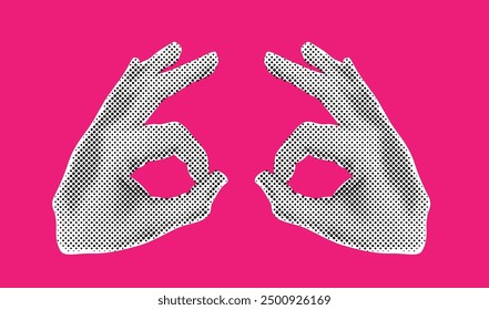 Hand gesture ok in pop art style. Trendy halftone effect on bright background