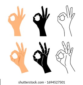 Hand gesture. Ok hand sign illustration. Isolated Okay, agree or perfect black line symbol vector set