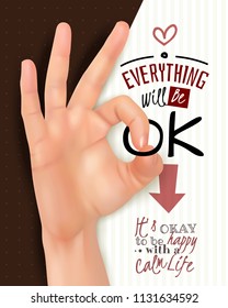 Hand gesture ok sign with thumb and forefinger in circle realistic happy calm life poster vector illustration 