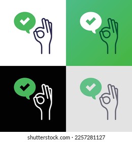 Hand gesture ok and speech bubble with check mark. Thin line icon. Approved, confirmed. Excellent, perfect. Modern vector illustration.