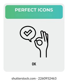 Gesto de mano bien y burbuja de habla con marca de verificación. Icono de línea delgada. Aprobado, confirmado. Excelente, perfecto. Ilustración vectorial moderna.