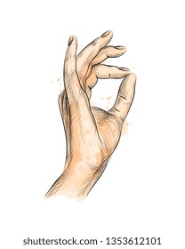 Hand gesture ok from a splash of watercolor, hand drawn sketch. Vector illustration of paints