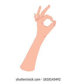 Hand gesture OK symbol. Vector flat design in cartoon style. Isolated on white background.