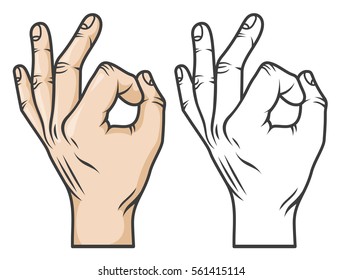 Hand gesture OK, or zero. Comics cartoon style. Black-and-white and color versions.