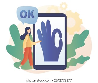 Hand gesture Okay on smartphone screen. OK sign. Communication gestures concept. Modern flat cartoon style. Vector illustration on white background
