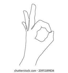 Hand gesture okay, one line art, continuous contour drawing, hand-drawn. Ok sign, excellent,agreement,acceptance,good result.Palm and wrist. Editable stroke.Isolated.Vector illustration